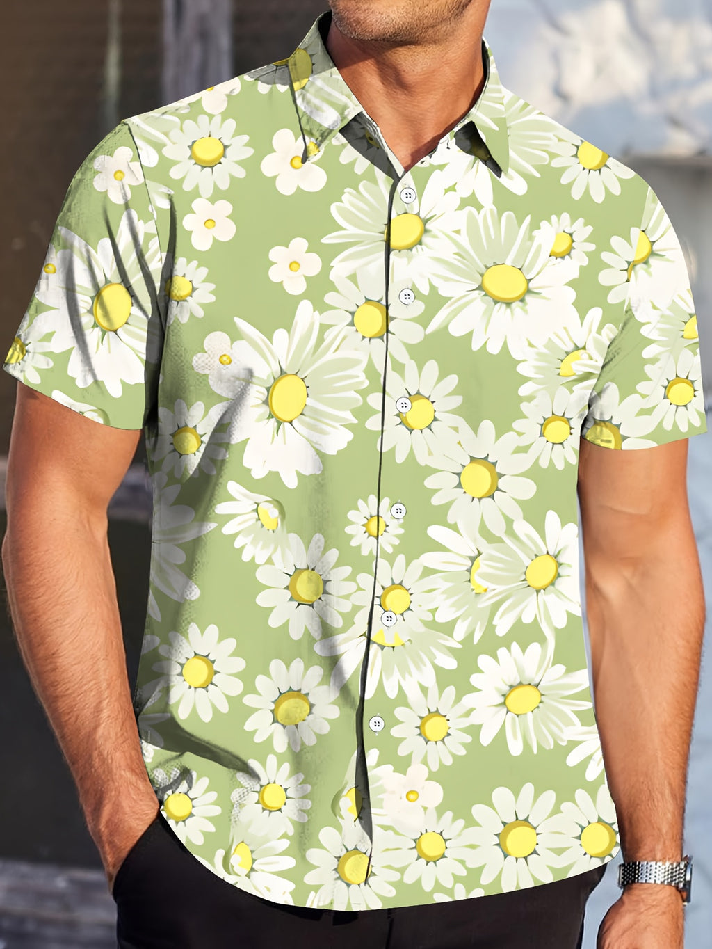 Men'S Casual Floral Short-Sleeve Button- Shirt - Light Green with White Daisy Print