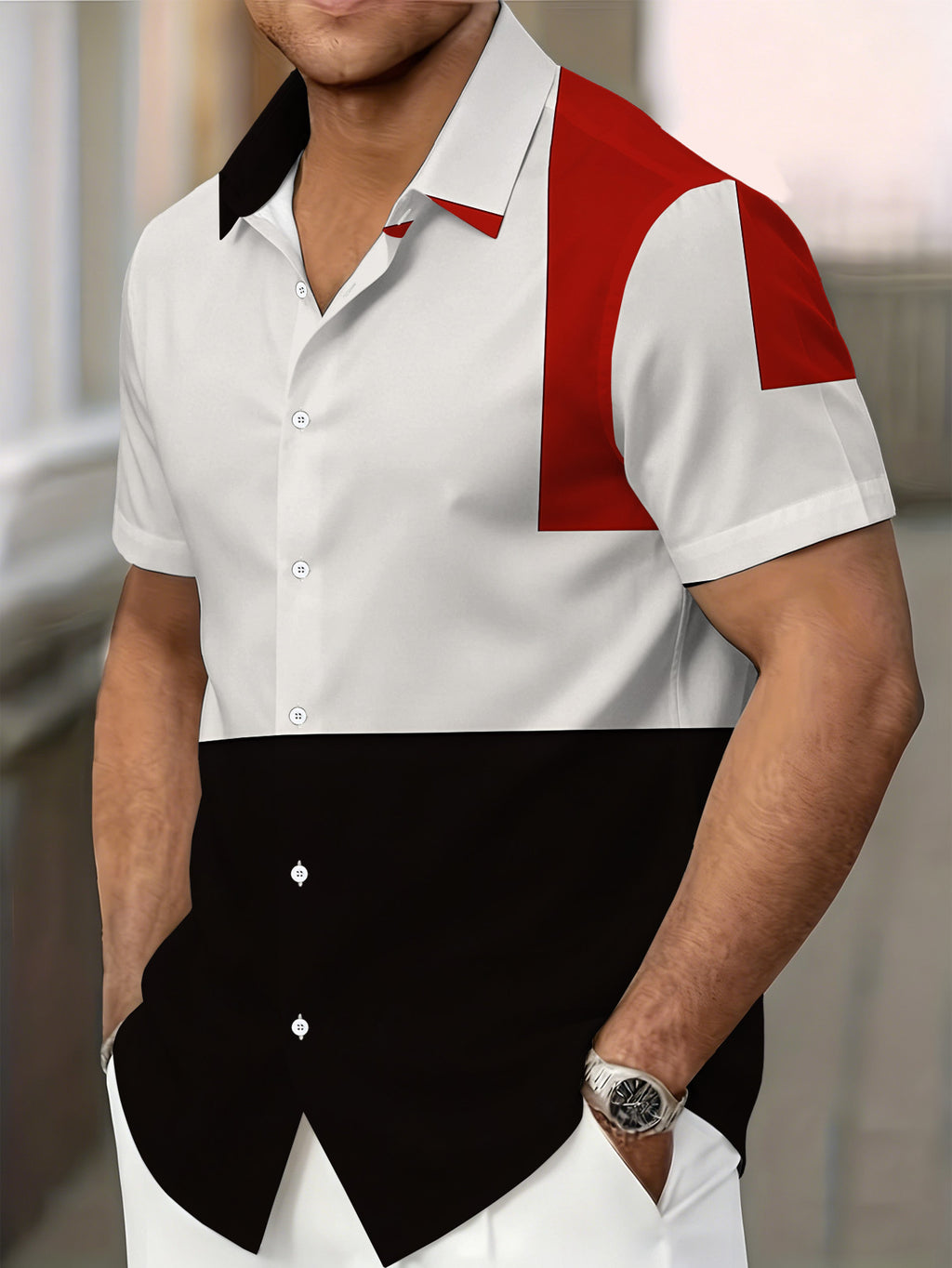 Men'S Short Sleeve Shirt, Geometric Style Print Men'S Print Short Sleeve Square Element Cool Men'S Shirt Red Black White 3-Color Men'S Casual Short Sleeve Shirt Summer