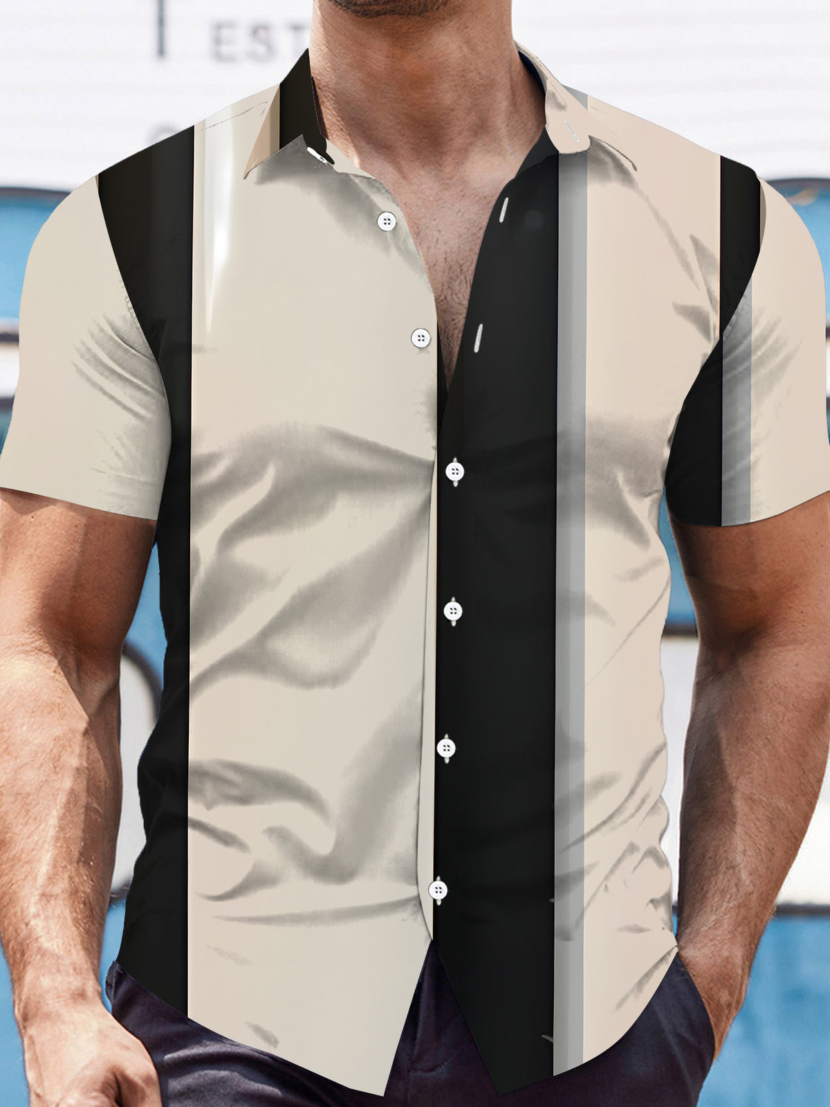 Men's Casual Short-Sleeve Printed Shirt in Black, White, and Beige, Simple Style with Striped Pattern, Fashionable Loose-Fit Casual Short-Sleeve T-Shirt for the Beach, Versatile Top, Printed Short-Sleeve Shirt for Men, Men's Short-Sleeve Apparel