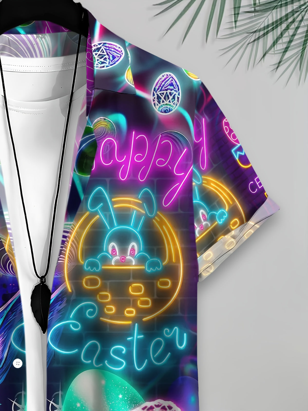 Hawaiian Style Men'S Casual Shirt, Printed Multicolor Easter Bunny And Eggs Design, Spring Neon Glow Effect