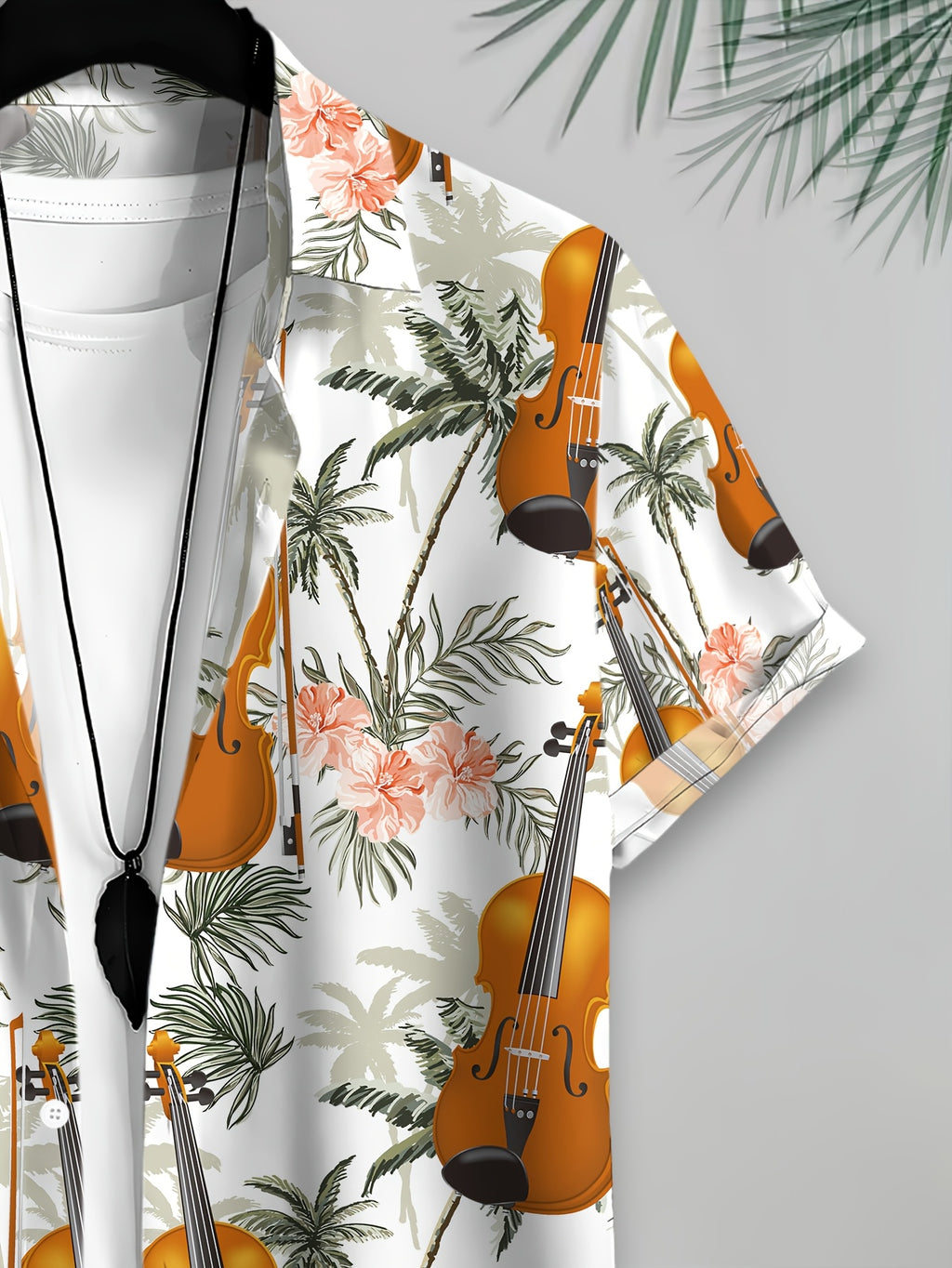 Hawaiian Style Men'S Casual Shirt Summer Printed White Violin And Palm Tree Pattern Fashionable Casual Short-Sleeve Shirt