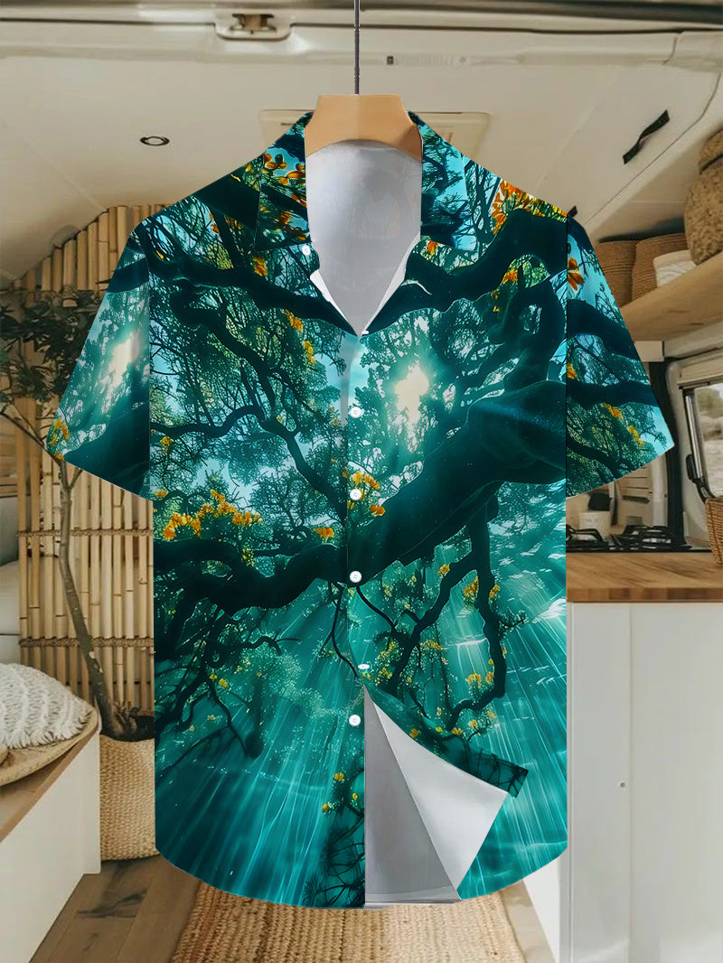 Fashion Hawaiian Men's Casual Sunlight Through Forest Pattern Shirt, Regular Fit Turn- Collar, Button Front, Outdoor Travel Clothing