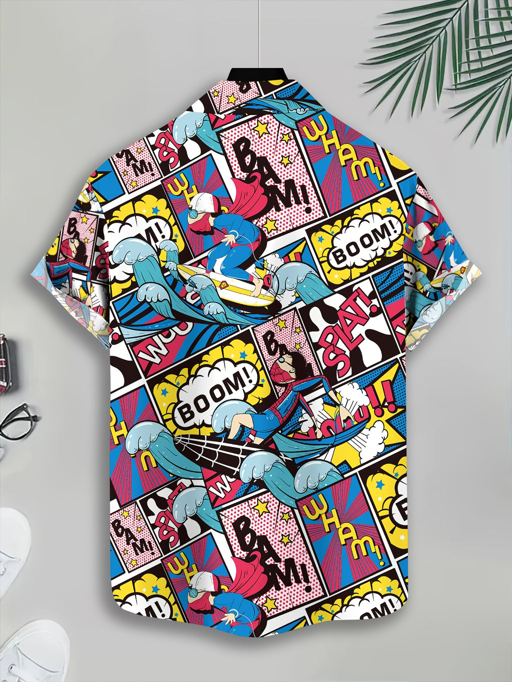Comic Style Men'S Casual Shirt, Printed Multicolor Pop Art Woman with Pink Hair And Sunglasses, Summer Vibrant Cartoon Speech Bubbles And Dynamic Action Words