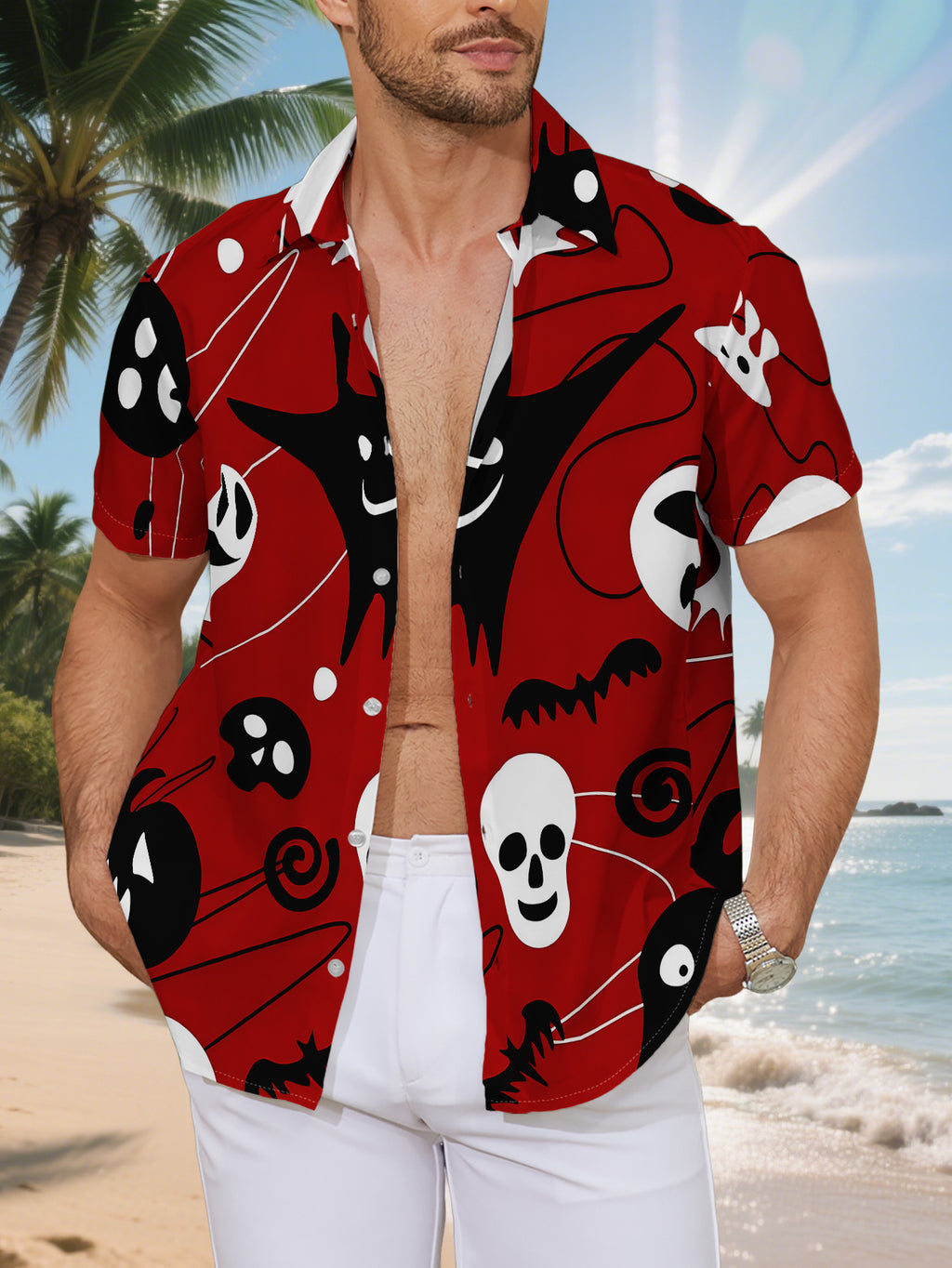 New Men'S Casual Short-Sleeve Shirt with a Red Background Featuring Black And White Halloween-Themed Designs, Perfect for Holiday Gatherings, Commuting, And Versatile Casual Wear. Made from Machine-Washable Polyester Fabric