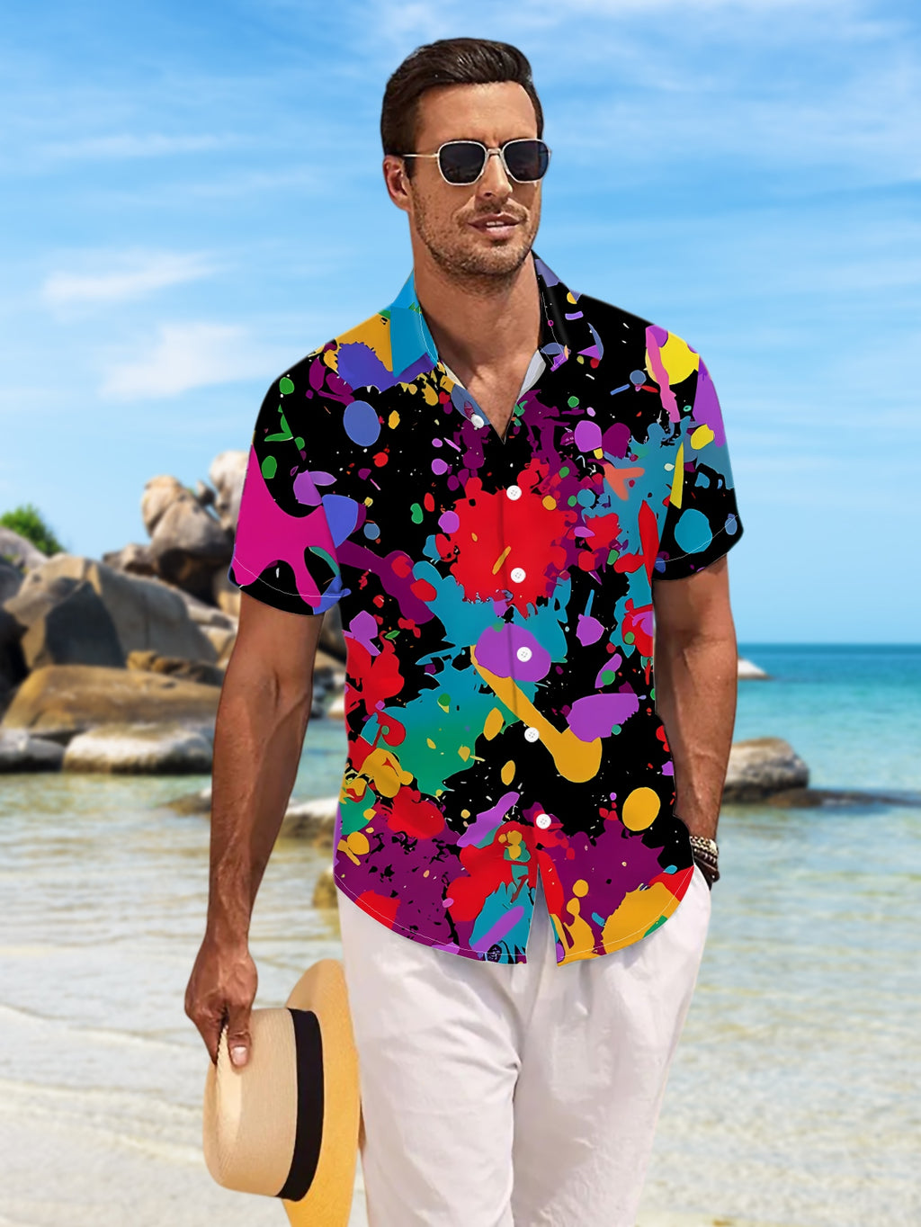 New Men's Casual Short-Sleeve Shirt with Vibrant Ink Splatter Print on Black Background, Bold Contrasting Colors for Festive Parties, Commuting, and Versatile Casual Wear. Made of Polyester Fiber, Machine Washable. Button-Up Printed Shirt