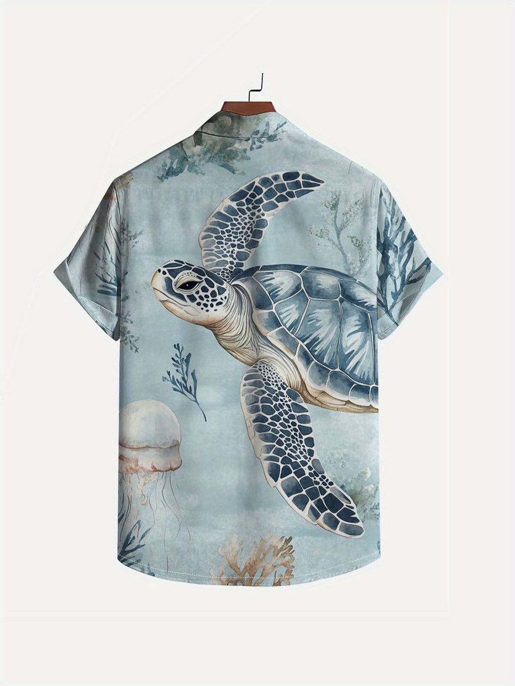 New Men's Simple Hawaiian Jellyfish and Sea Turtle Print Button- Shirt - Lightweight, Summer Vacation and Resort Wear. Suitable for Daily Commutes, Casual Outings, Date Meetings, Friend Gatherings, and Shopping. Easily Handles All Scenarios and Meets