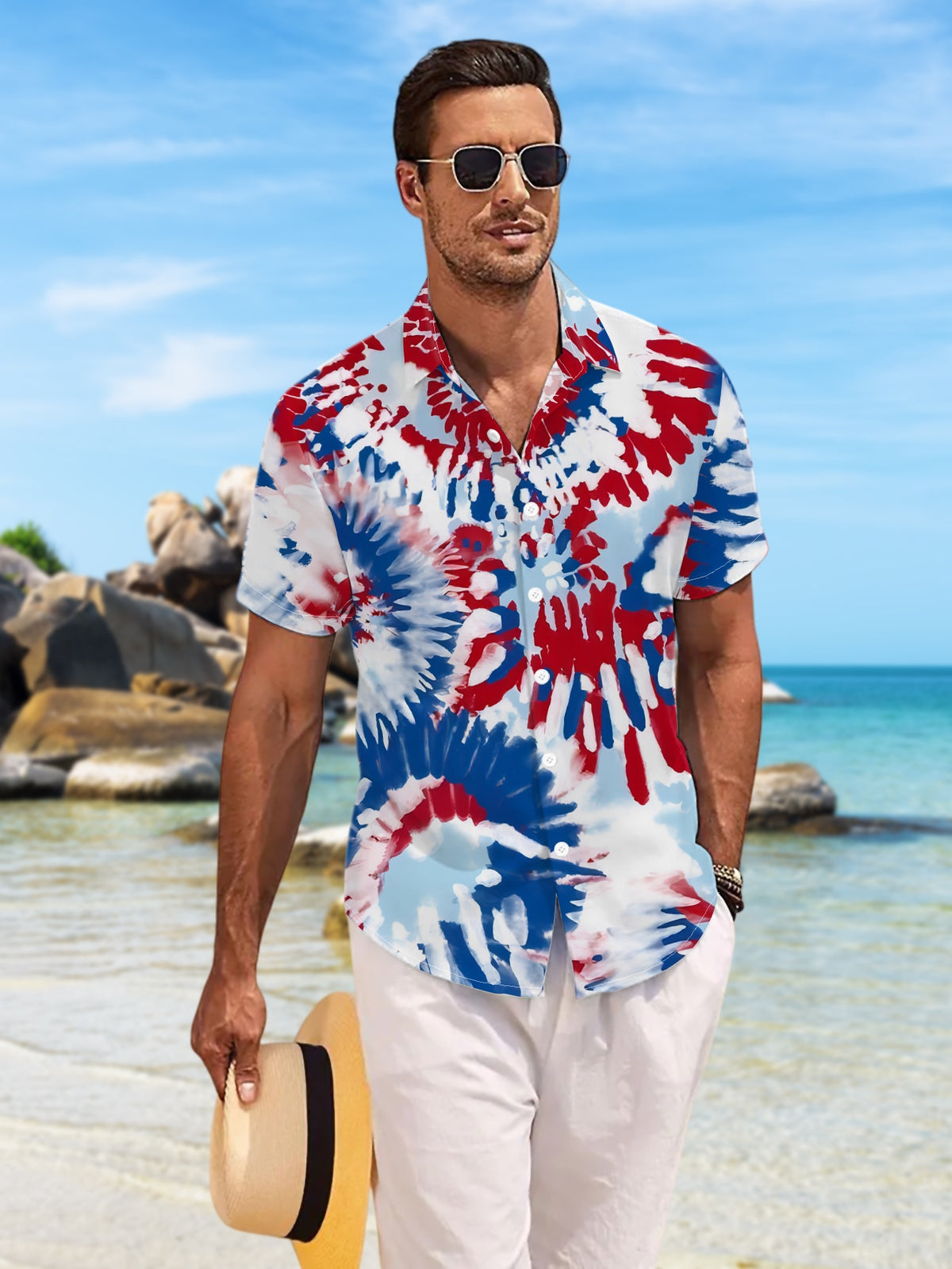 New Men'S Casual Short-Sleeved Shirt Red Blue White Tie-Dye Swirl, Rich Gradient, Holiday Party Commuting Versatile Casual Top, Polyester Fabric Machine Washable, Button Print Shirt