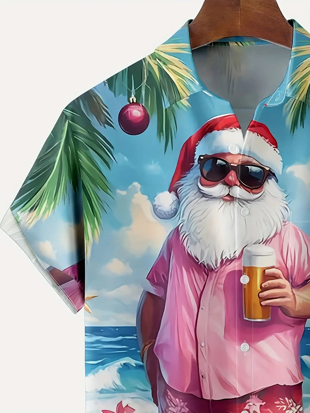 Men'S Retro Hawaiian Style Santa Claus Beach Print Short-Sleeve Shirt - Button- Collar Shirt with Pocket, Featuring a Design of Santa in Flip-Flops And Palm Trees, Machine Washable Summer Holiday Party Attire (Pink/Teal)