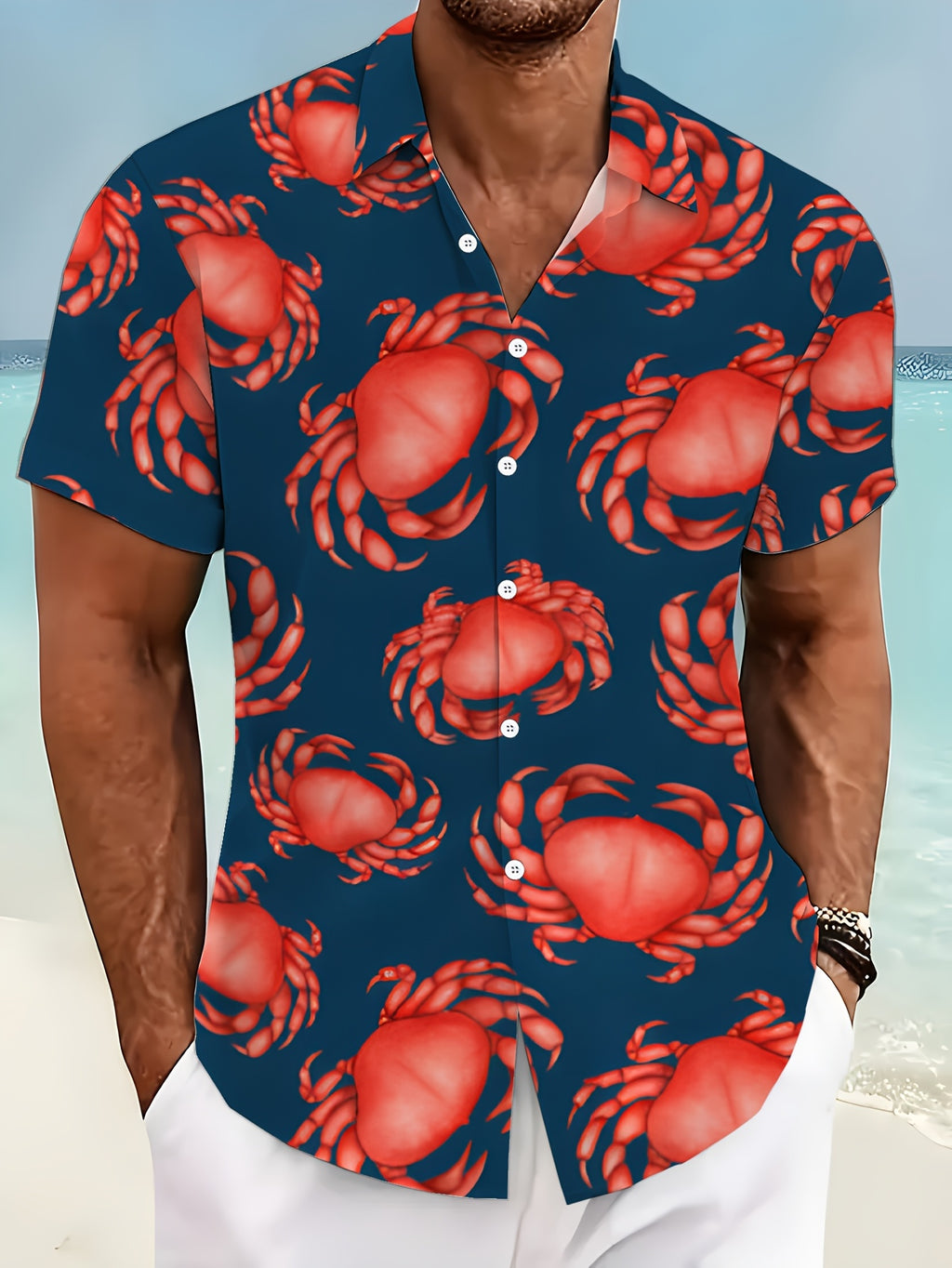 Men's Crab Print Shirt- Dark Blue Button- Formal Casual Shirt with Red Crab Pattern