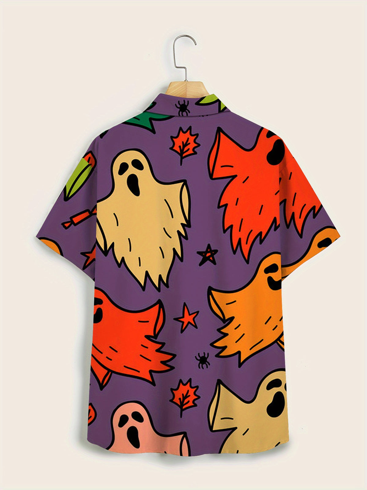 Men'S Halloween Pattern Short Sleeve Shirt - Vibrant Ghost And Autumn Leaves Print, Non-Stretch Fabric, Regular Fit, Casual Summer Style, Halloween Apparel | Playful Print | Short Sleeve Shirt