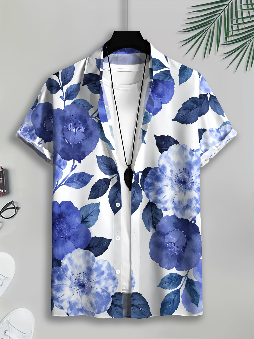 Floral Pattern Men'S Casual Shirt, Printed Blue Flowers And Leaves Summer Vibrant Design