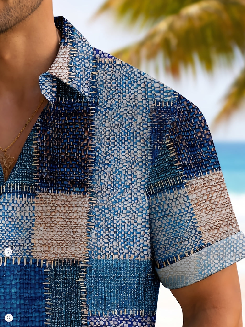 Vintage Geometric Faux Denim Color Block Patch Print Men'S Button Short Sleeve Hawaiian Shirt