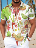 Hawaiian Style Men'S Casual Shirt Watercolor Print White Mexican Theme Graphic Text Viva Mexico Green Cactus Wine Bottle Straw Hat Delicate Flowers Colorful Flags Summer Pattern Vivid Colorful Fashion Casual Short-Sleeve Shirt