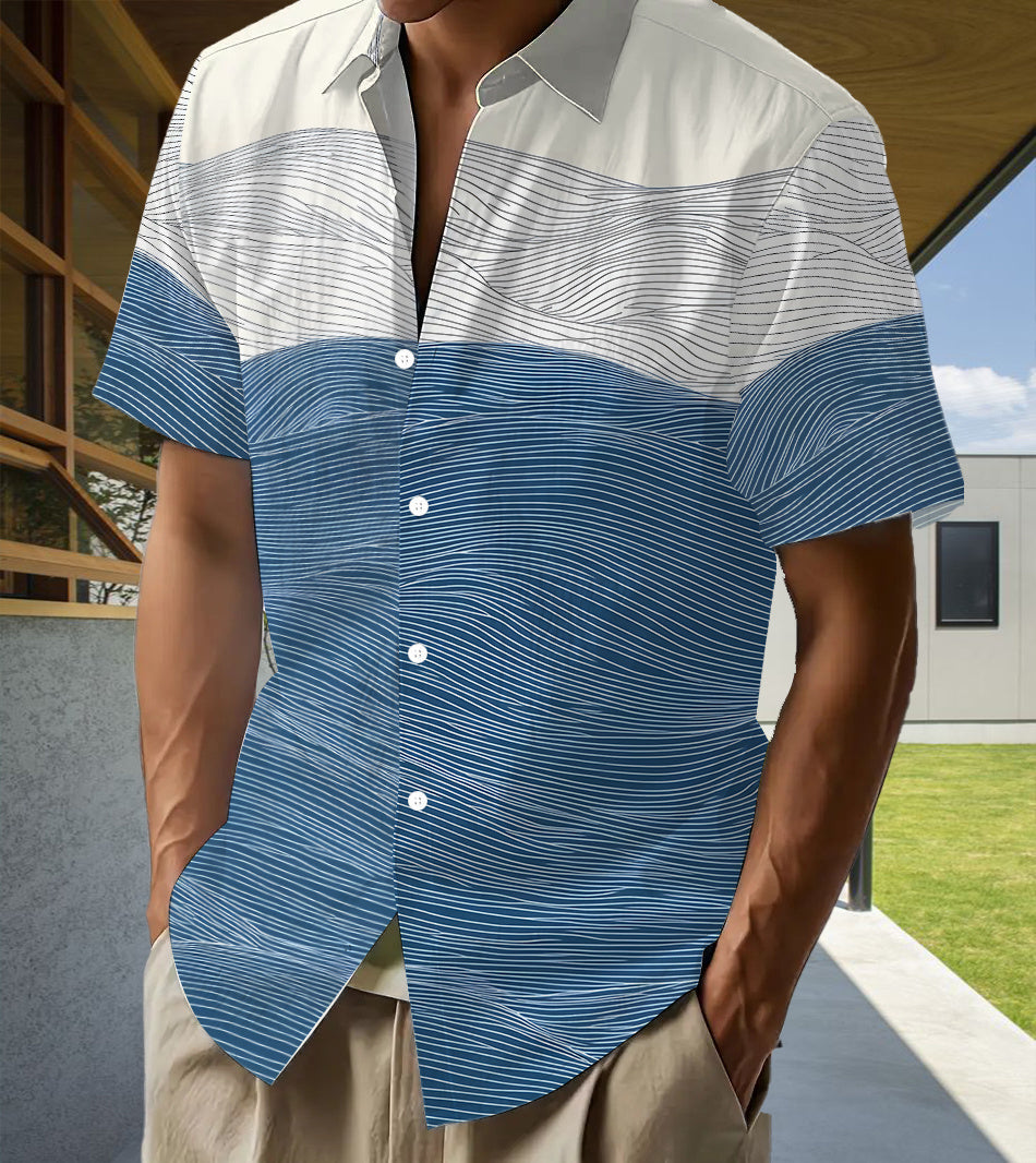 Men's Casual Shirt with Fun Hawaiian Tropical Blue and White Wave Pattern Patchwork Print - Short Sleeve Button-Up Design for Summer Outdoor and Casual Wear, Daily Outfits