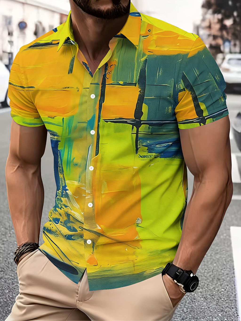 Abstract Art Men's Casual Shirt with Colorful Ink Splatter and Vibrant Summer Brushstroke Design