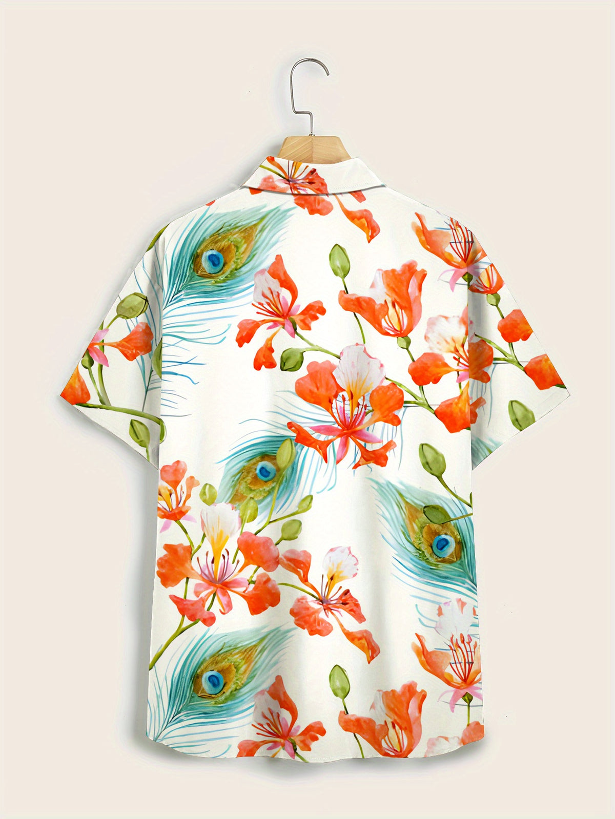 Men's Short-Sleeve Shirt - Vibrant Peacock Floral Print, Lightweight and Breathable Fabric, Classic Pointed Collar, Regular Fit Summer Casual Semi-Formal Shirt, Versatile Styling, Bold Pattern Design, Fashionable Trendy Style