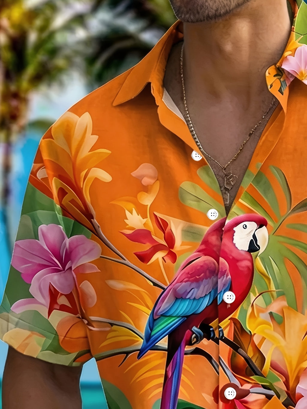 Men's Hawaiian Vacation Shirt - Retro Button-Up Short Sleeve Shirt with Parrot & Floral Print, Plus Size Button Collar Shirt Suitable for Summer Beachwear, Hawaiian Outfits, Machine Washable Button-Front Closure, PLUS SIZE