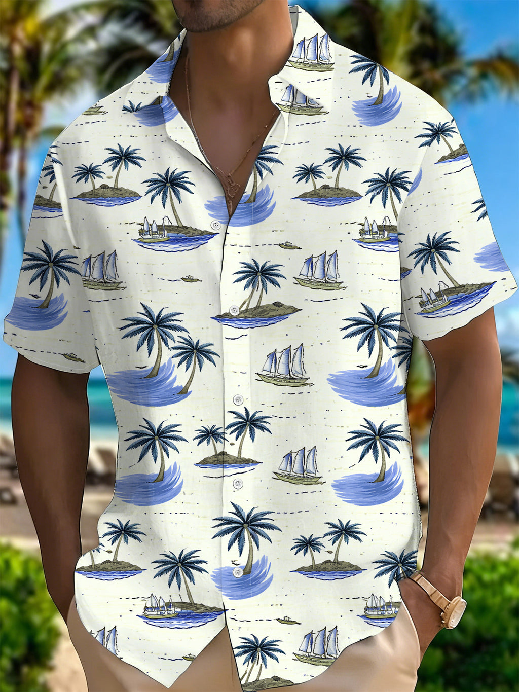 Printe Esign – Not Texture Men'S Eye-Catching Tropical Shirt, Bold Palm Tree Sailboat Pattern Lapel Open Collar, Beach Party Outfit