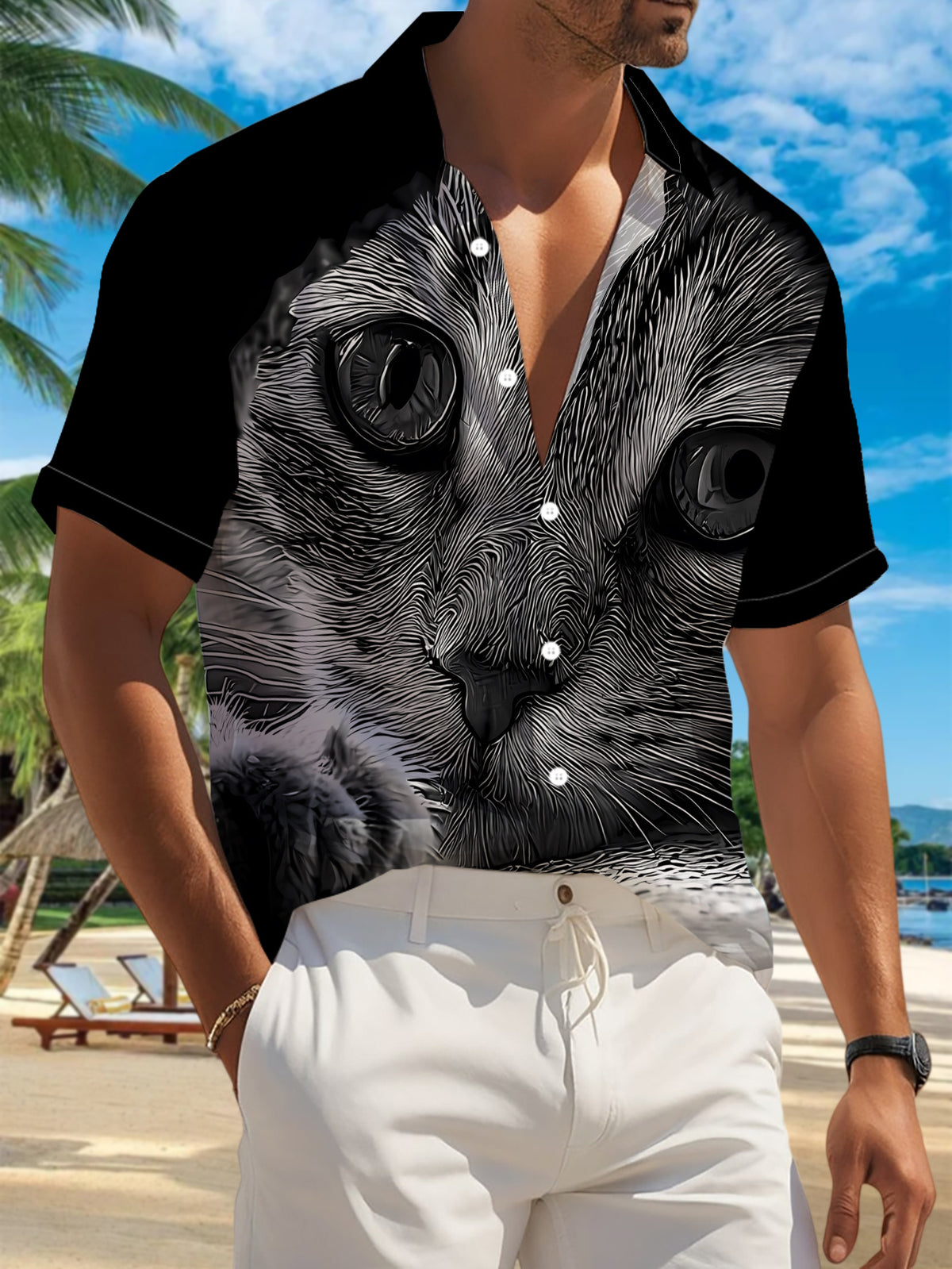 New Men's Casual Short-Sleeve Shirt with Ink-Washed Cat Print, Round Eyes Peeking, Paws Resting on Table, Versatile Holiday Party and Commuting Top. Made of Polyester Fiber, Machine Washable. Button-Up Printed Shirt