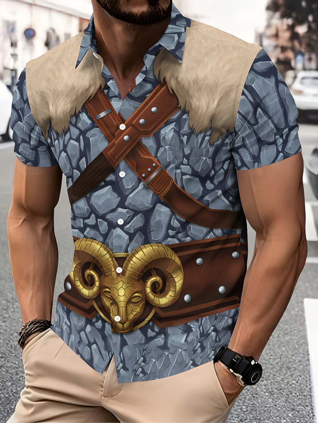 Fantasy Warrior Style Men'S Casual Shirt, Printed Gray Stone Texture with Brown Leather Straps And Golden Ram Head Belt, Summer Design Featuring Detailed Armor And Faux Fur Collar
