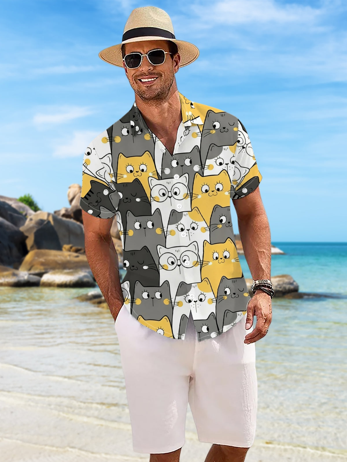 New Men'S Casual Short Sleeve Shirt, Gray Black White Yellow Multi-Color Dense Cat Patterns with Different Expressions, Holiday Party Commute Versatile, Polyester Fabric Machine Washable, Button-Up Print Shirt