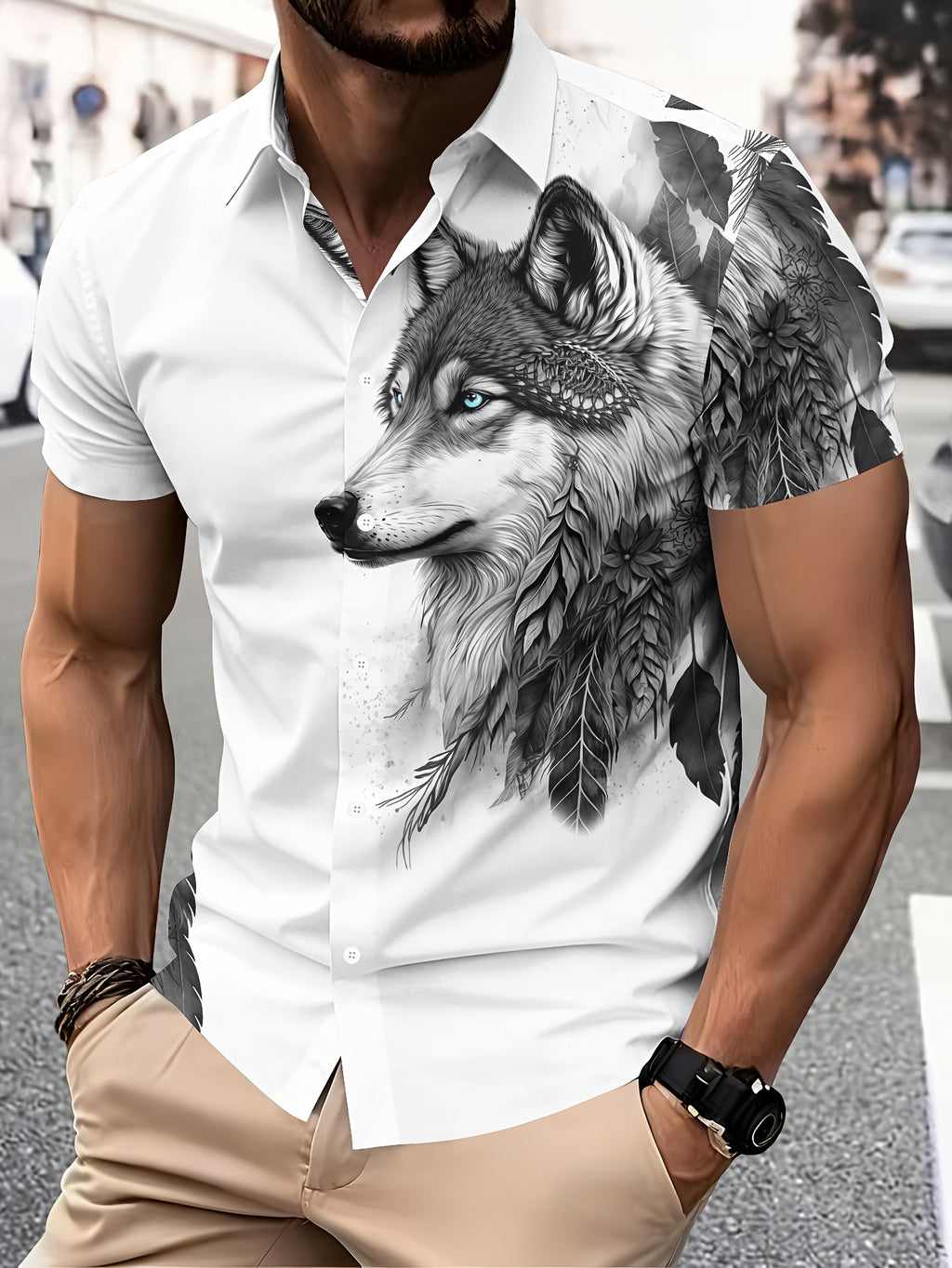 Casual Style Men'S Casual Shirt, Printed White Wolf And Feather Pattern Summer Detailed Animal Design