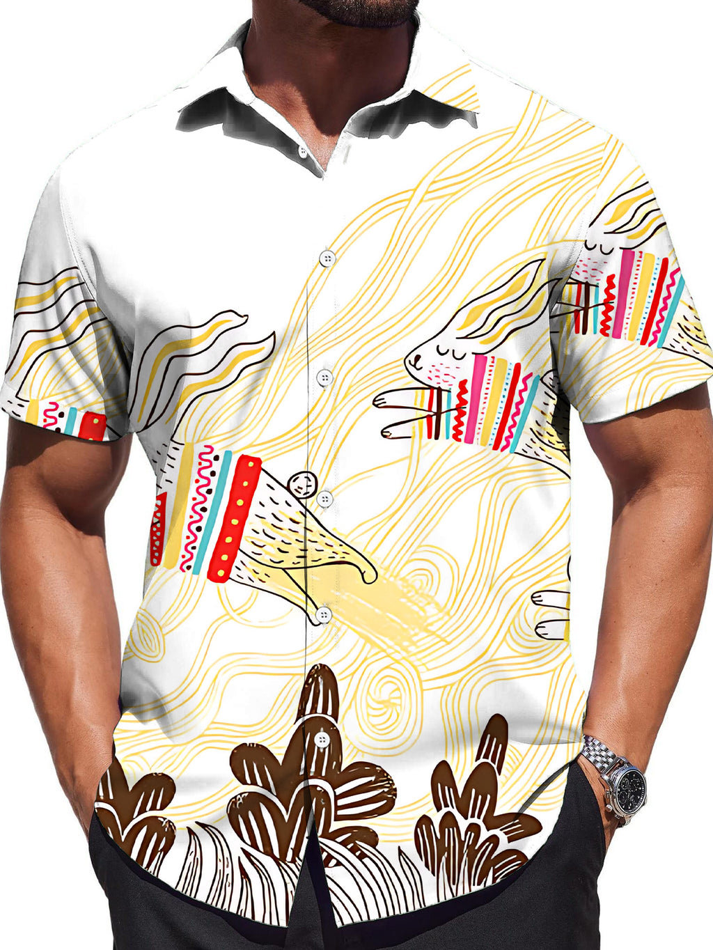 [Printed Design – Not Textured] Men's Casual Shirt, Standard Size Short Sleeve Shirt, Colorful Apparel with Running Rabbit Graphic, Stylish and Elegant Dopamine-Inducing Party Top, Trendy/Men's/Clothing/Streetwear/Summer/Apparel/Printed