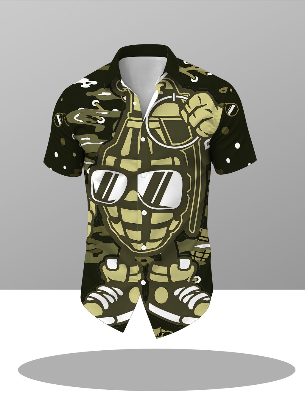 Men'S Short-Sleeve Shirt, Dark Green Street Style with Cartoon Hand Grenade Graffiti, Fashionable And Trendy Design