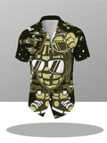 Men'S Short-Sleeve Shirt, Dark Green Street Style with Cartoon Hand Grenade Graffiti, Fashionable And Trendy Design