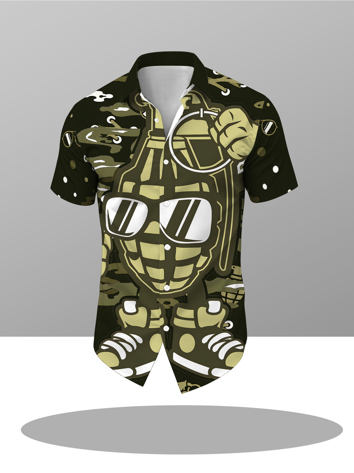 Men'S Short-Sleeve Shirt, Dark Green Street Style with Cartoon Hand Grenade Graffiti, Fashionable And Trendy Design