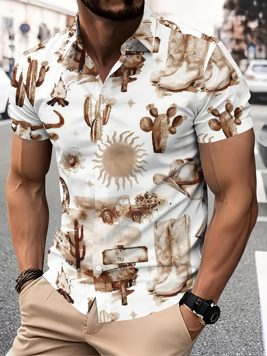 Men'S Hawaiian Style Short Sleeve Shirt Casual Vacation Printed Shirt Brown Cactus Pattern Casual Top