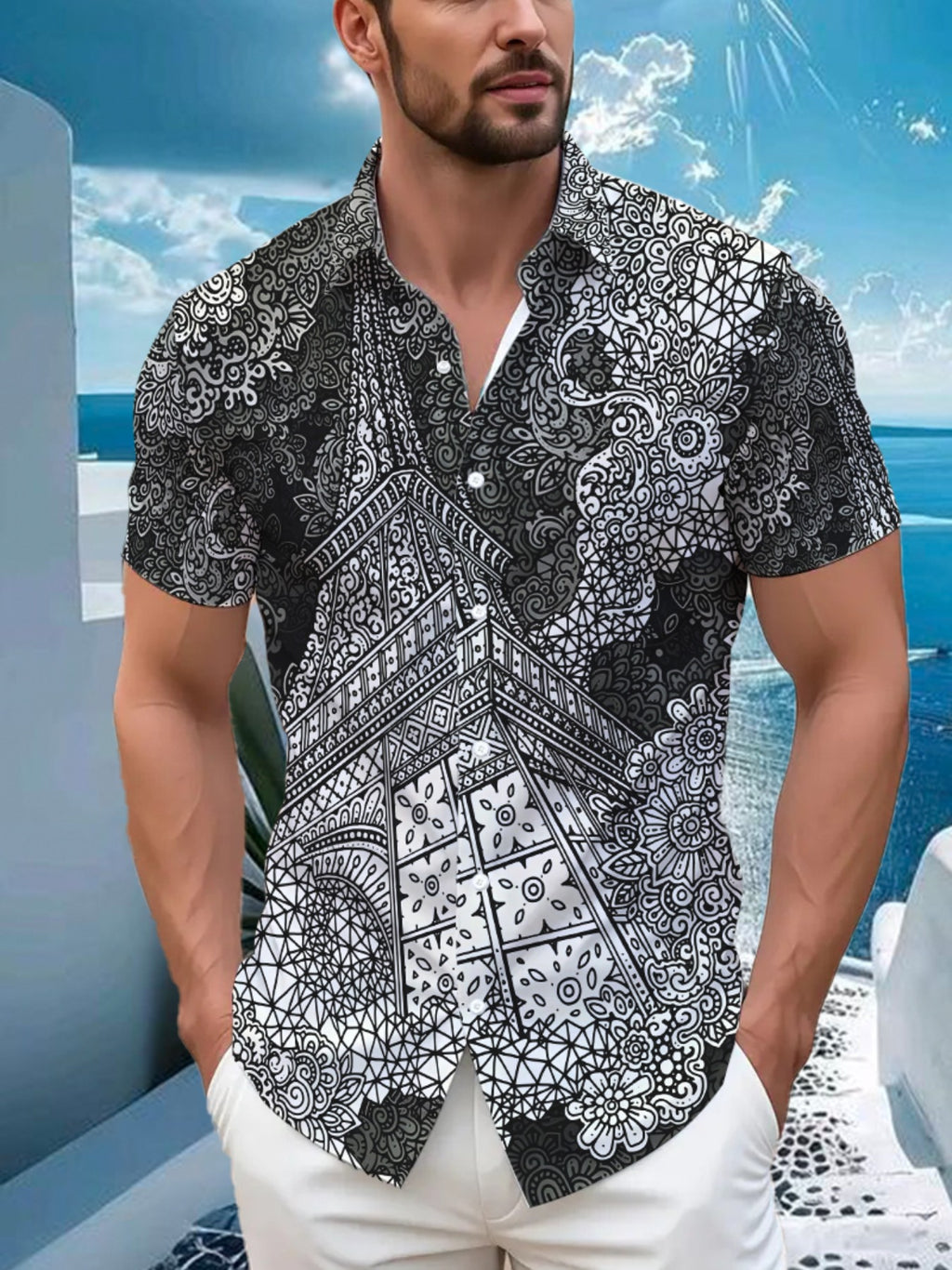 Men's Tropical Paisley Print Short Sleeve Button- Shirt - Loose Fit Collar Summer Beach Shirt with Full-Body Leaf & flower Patterns, Casual Outdoor Wear for Hawaiian Vacations & Everyday Use (Non-Stretch Fabric)