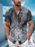 Men's Tropical Paisley Print Short Sleeve Button- Shirt - Loose Fit Collar Summer Beach Shirt with Full-Body Leaf & flower Patterns, Casual Outdoor Wear for Hawaiian Vacations & Everyday Use (Non-Stretch Fabric)