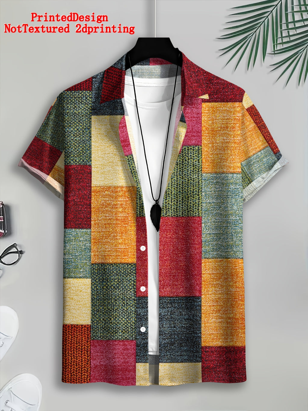 PrintedDesign-NotTextured 2dprinting Colorful Patchwork Pattern Men's Casual Shirt Print Geometric Blocks Summer Vibrant Textured Design