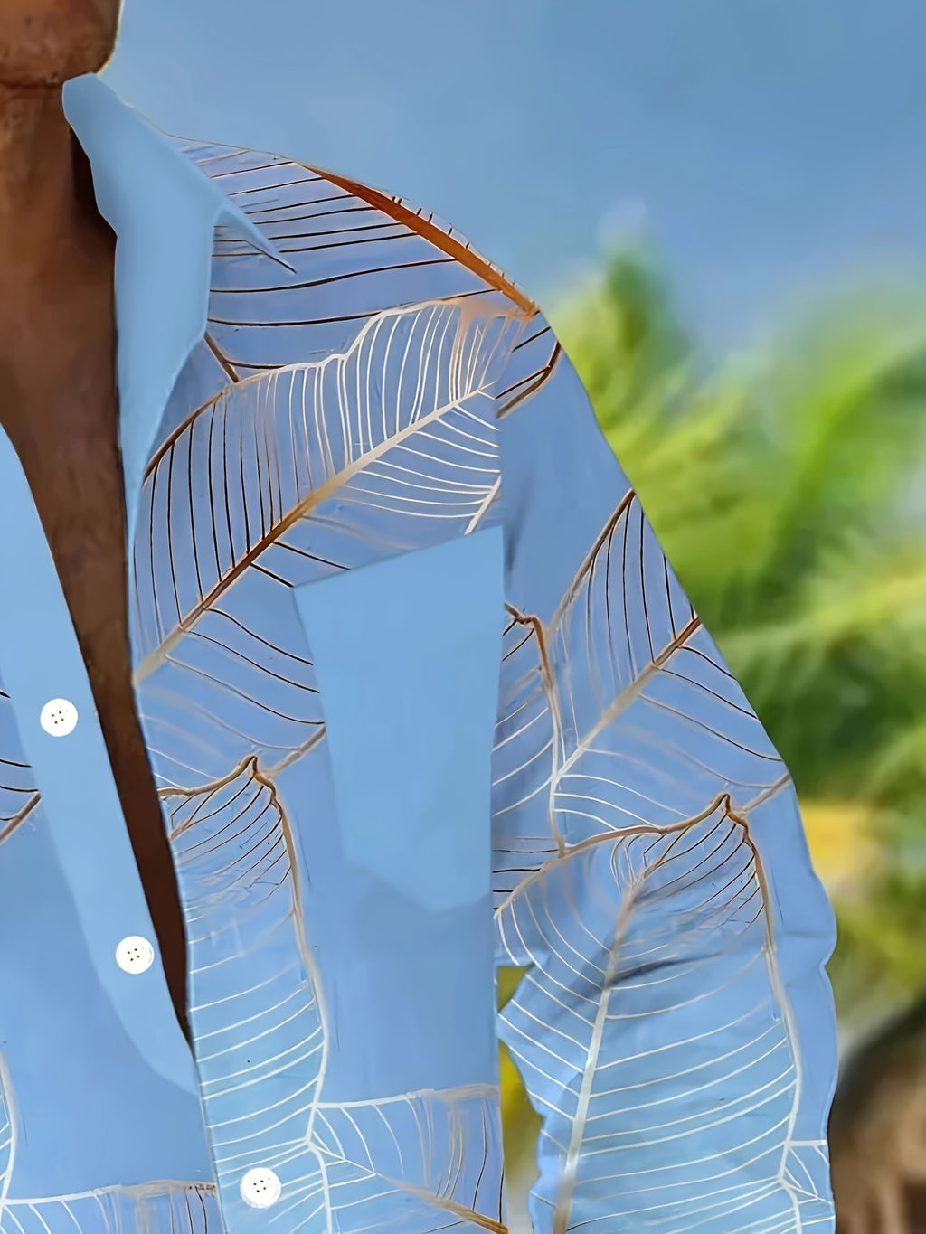 Hawaiian Botanical Leaf Gradient Print Men's Plus Size Button-Up Pocket Long Sleeve Shirt, PLUS SIZE