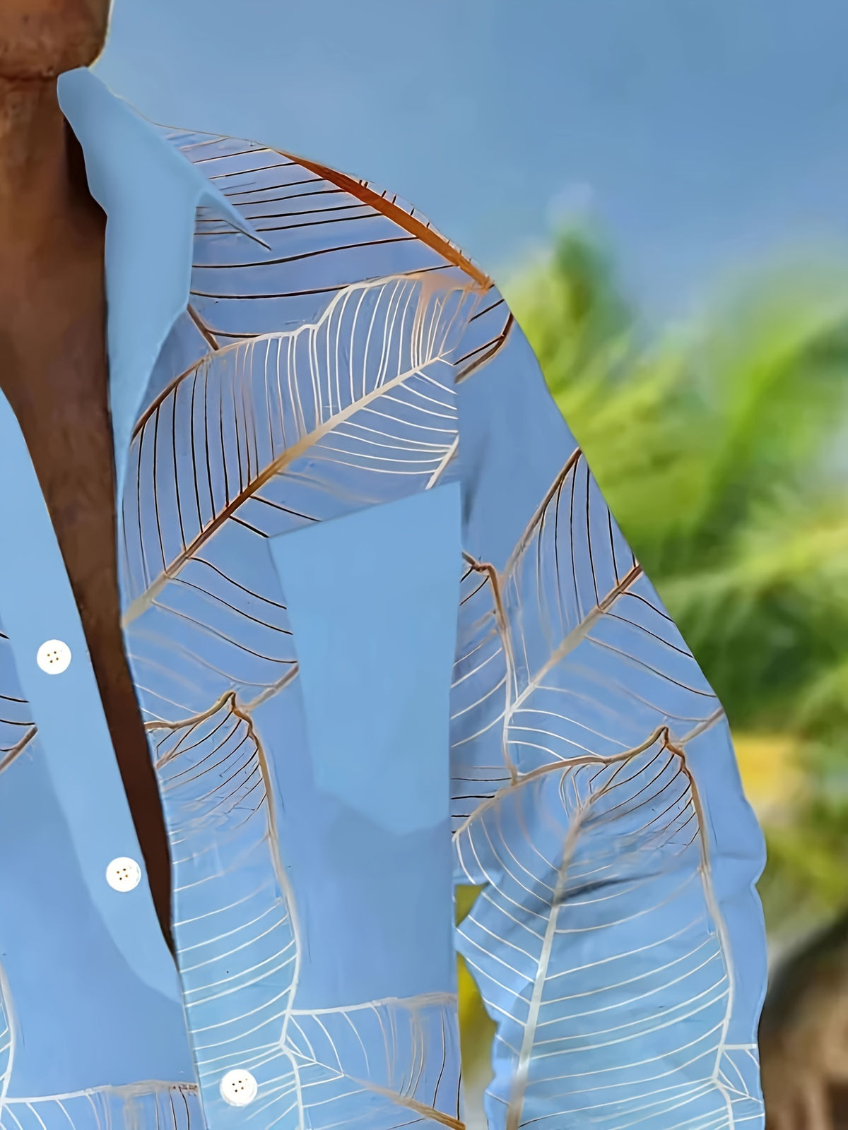 Hawaiian Botanical Leaf Gradient Print Men's Plus Size Button-Up Pocket Long Sleeve Shirt, PLUS SIZE