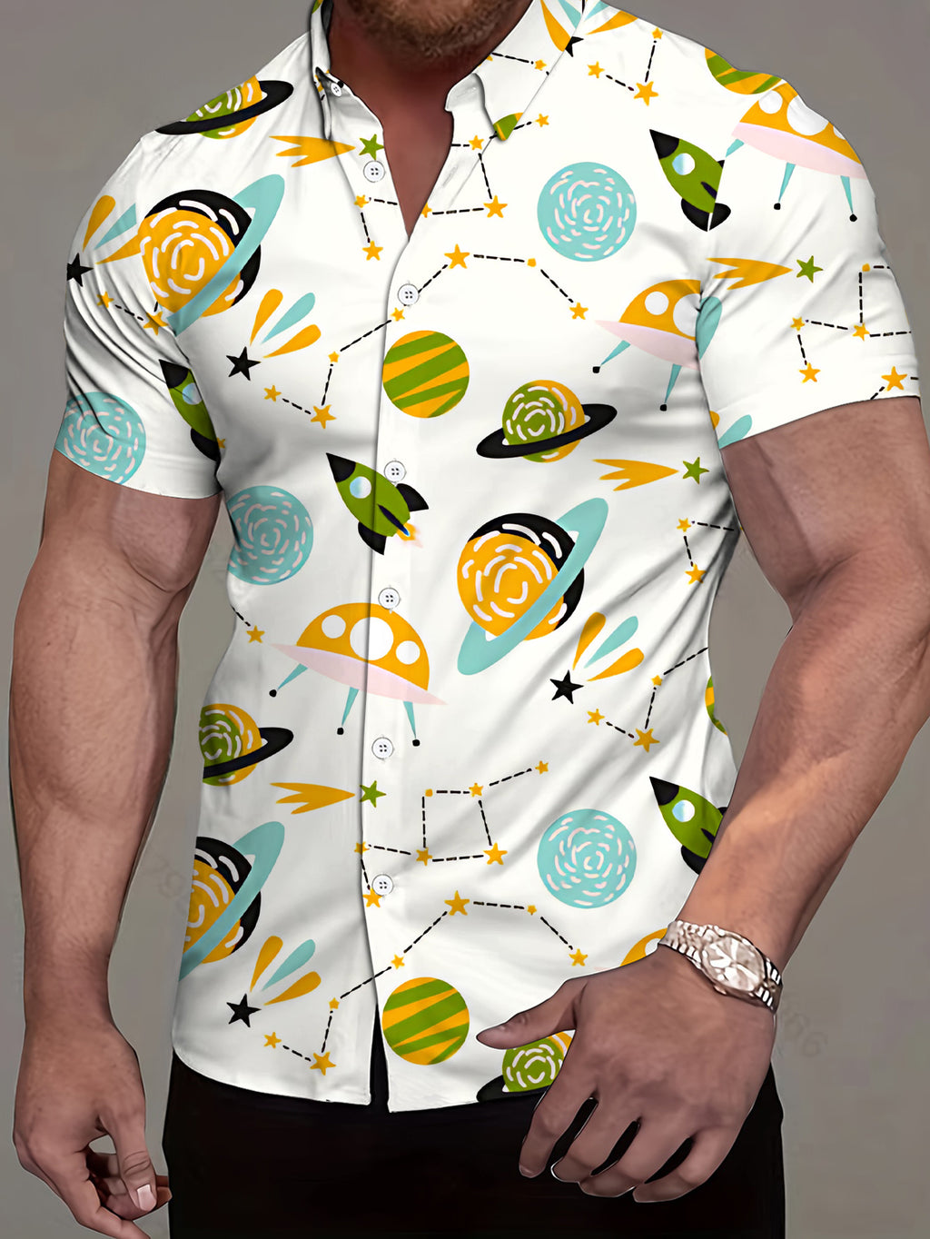 [Printed Design – Not Textured] Men's Short-Sleeve Shirt, Trendy Digital Print Short-Sleeve Shirt with Cartoon-Style Space Element Pattern, Stylish and Elegant, Summer/Printed/Clothing/Apparel/Streetwear/Men's/Trendy