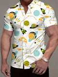 [Printed Design – Not Textured] Men's Short-Sleeve Shirt, Trendy Digital Print Short-Sleeve Shirt with Cartoon-Style Space Element Pattern, Stylish and Elegant, Summer/Printed/Clothing/Apparel/Streetwear/Men's/Trendy