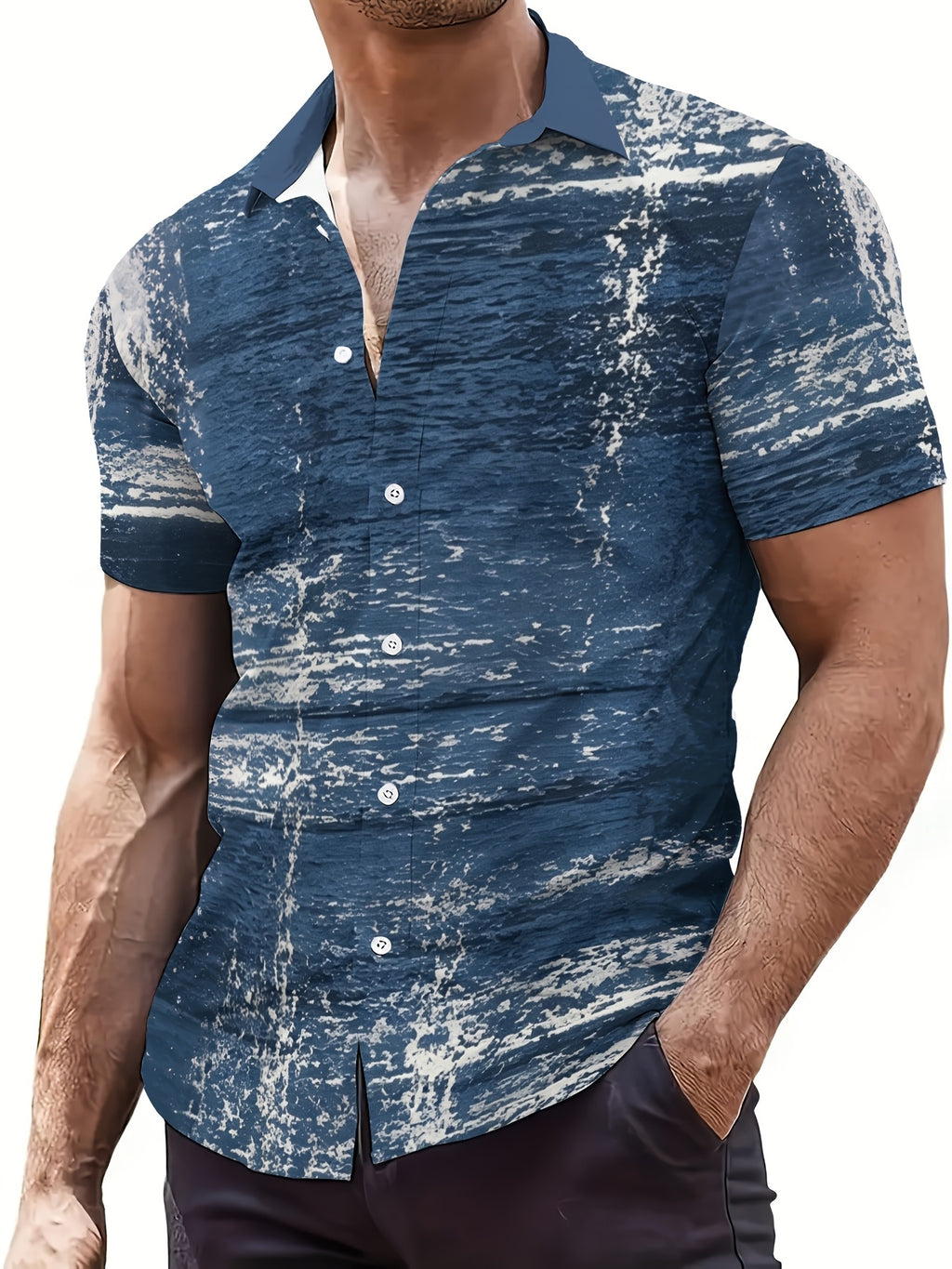 Summer Casual Shirt, Men's Versatile Daily Commute Top, Fashionable Men's Dress Shirt, Color-block Printed Short Sleeve