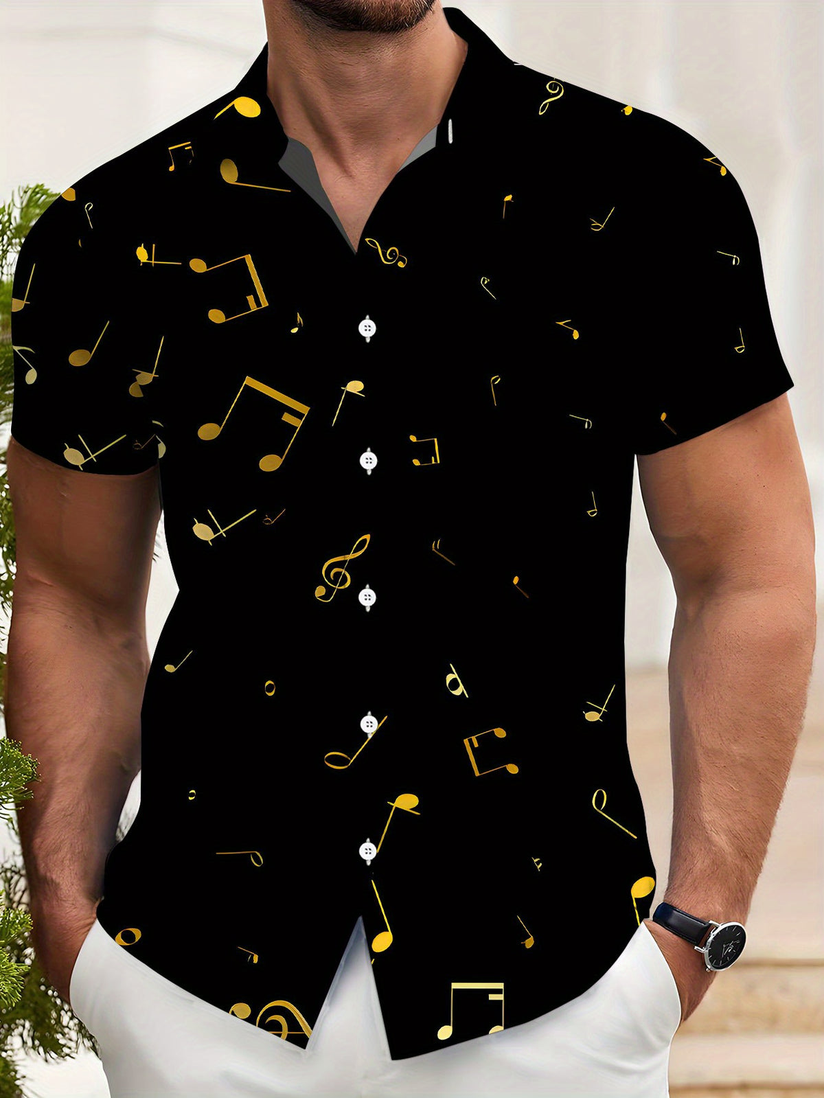 Men's Casual Short-Sleeve Shirt - Black with Golden Musical Note Print, Regular Fit Button-Up Top, Versatile for All Seasons, Beach and Daily Wear, Music-Themed Apparel, Smooth Textured Fabric