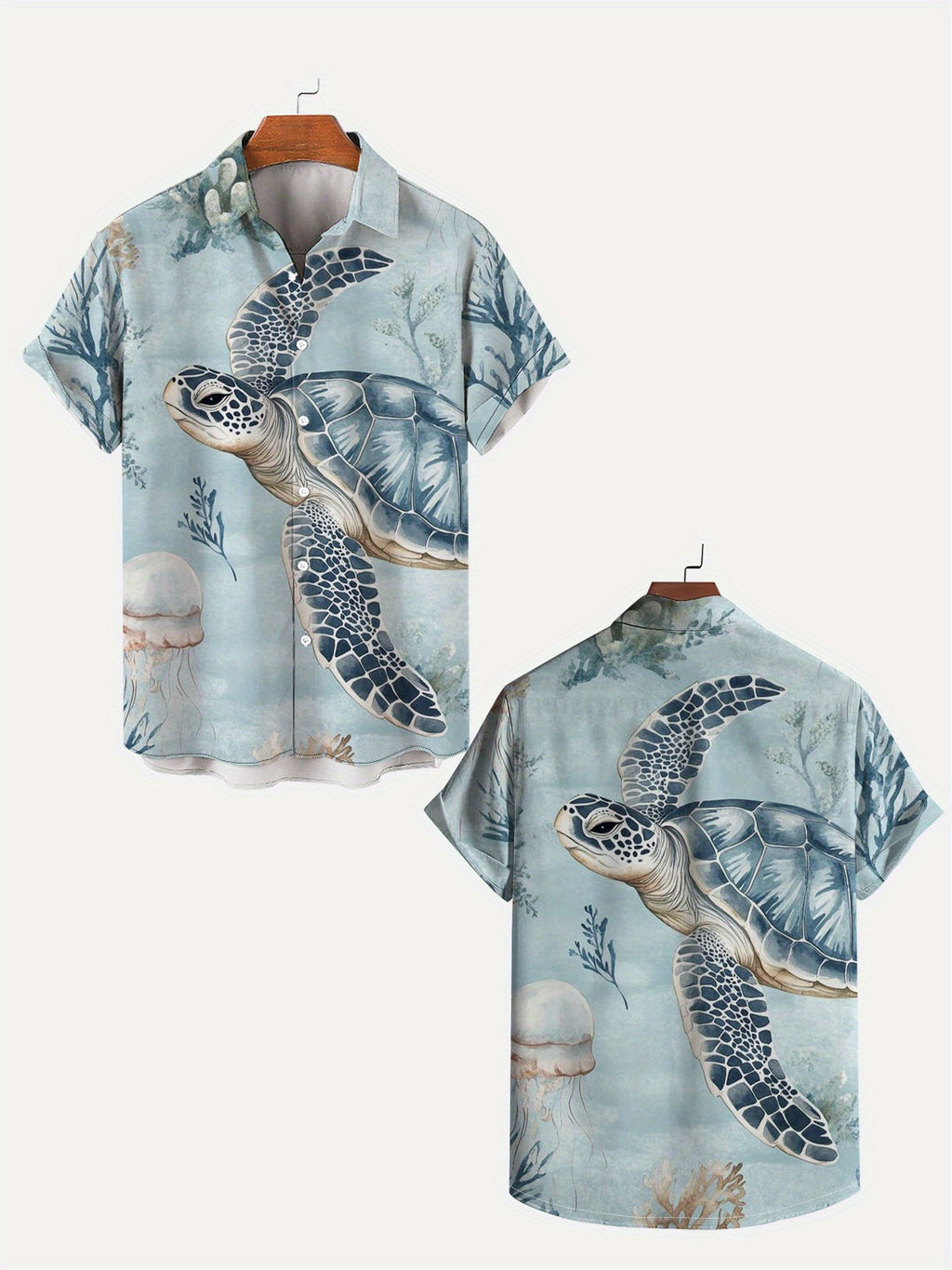 Men's Simple Hawaiian Jellyfish and Turtle Pattern Printed Button Shirt- Lightweight Polyester Fiber, Summer Vacation and Holiday Clothing