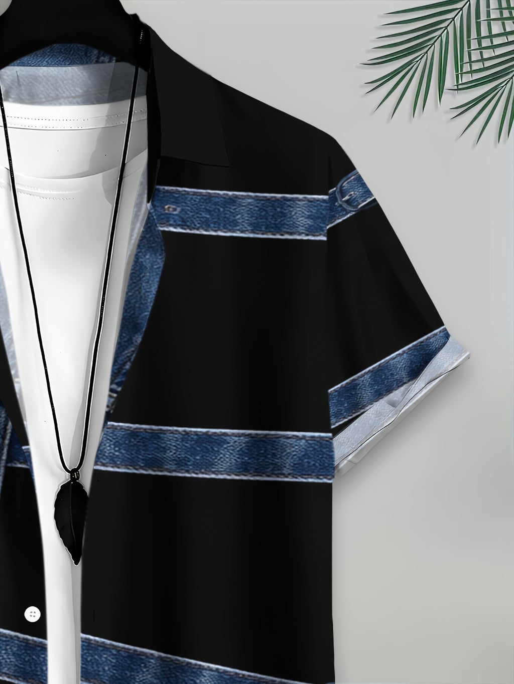 PrintedDesign-NotTextured 2dprinting Denim And Black Patchwork Style Men's Casual Shirt Print Denim Texture Design Summer Bold Contrast Panels