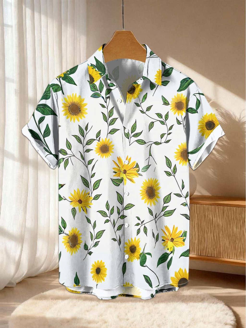 New Men's Casual Short-Sleeve Shirt with Bright Yellow Sunflowers and Green Branches/Leaves Print on White Background. Versatile for Holiday Parties and Commuting. Made of Polyester Fiber, Machine Washable. Lightweight for Summer. Suitable for Casual