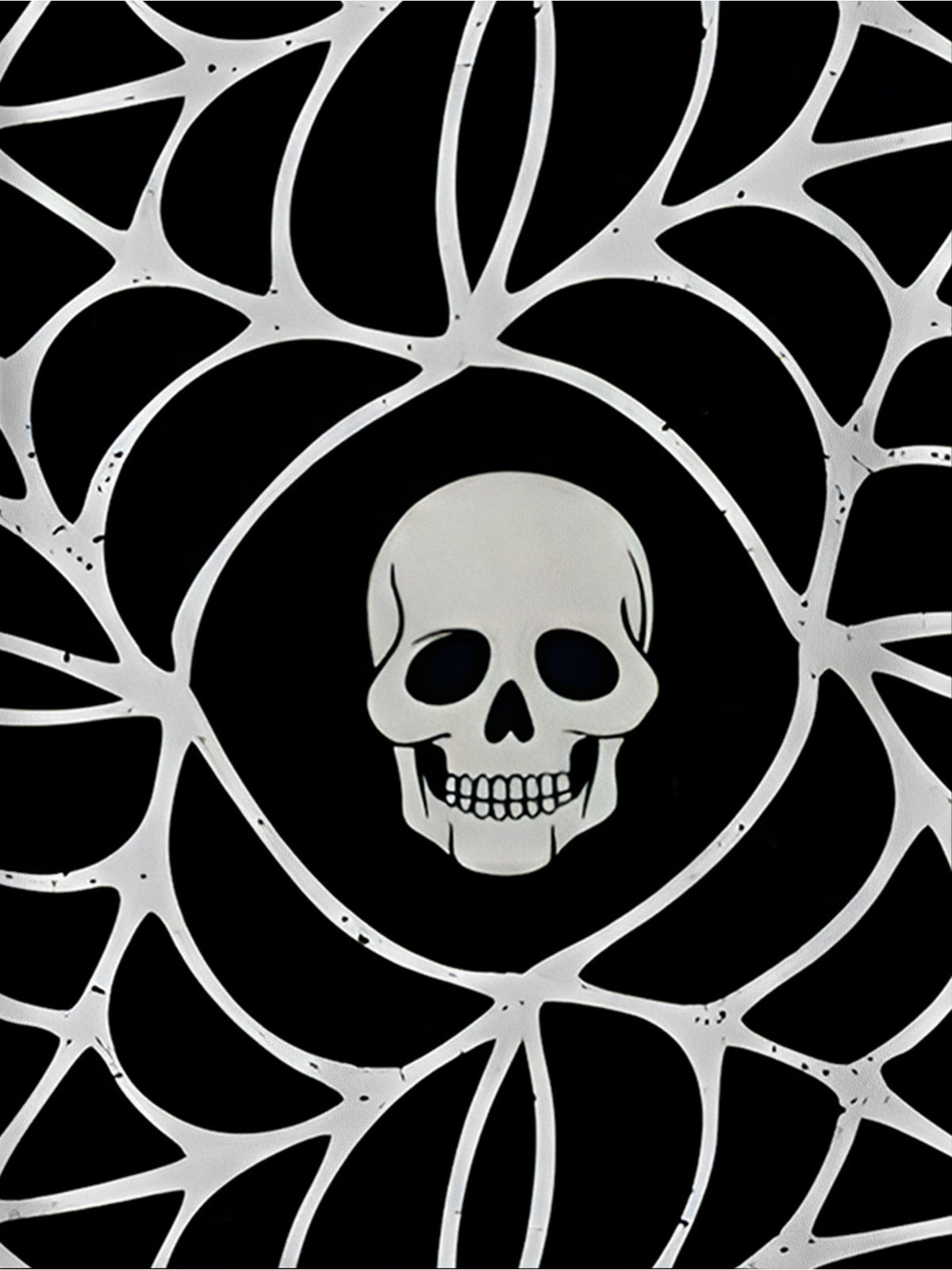 Dark Street Style Spider Web Skull Men'S Shirt, Featuring a Solid Black Base with Silvery-Gray Spider Web Prints All Over. The Web Patterns Are As Intricate As Medieval Gothic Window Grids, And The Skull in The Center of The Web Carries a Cold