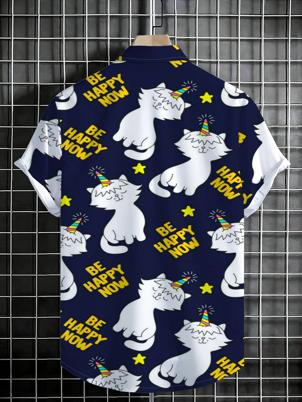Men'S Casual Short-Sleeve Shirt, Deep Blue Background with Cute White Cat Wearing Colorful Unicorn Hat, Scattered Yellow Stars, Fashionable And Versatile for Beach Vacation