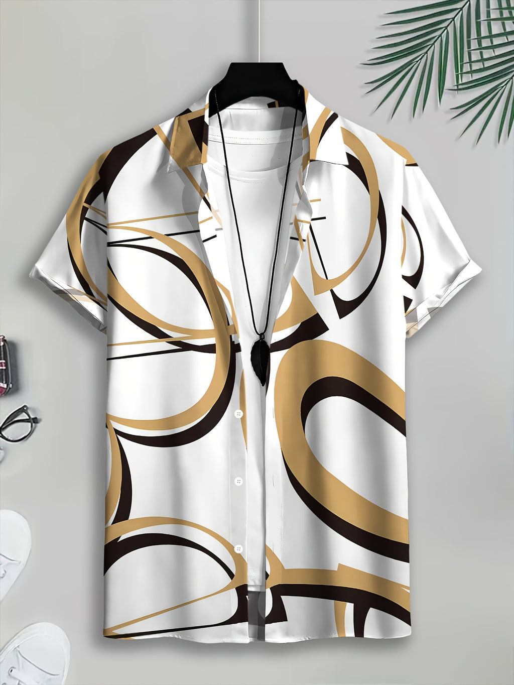 Abstract Geometric Men'S Casual Shirt, Print White Golden And Black Pattern Summer Bold Curved Lines Design