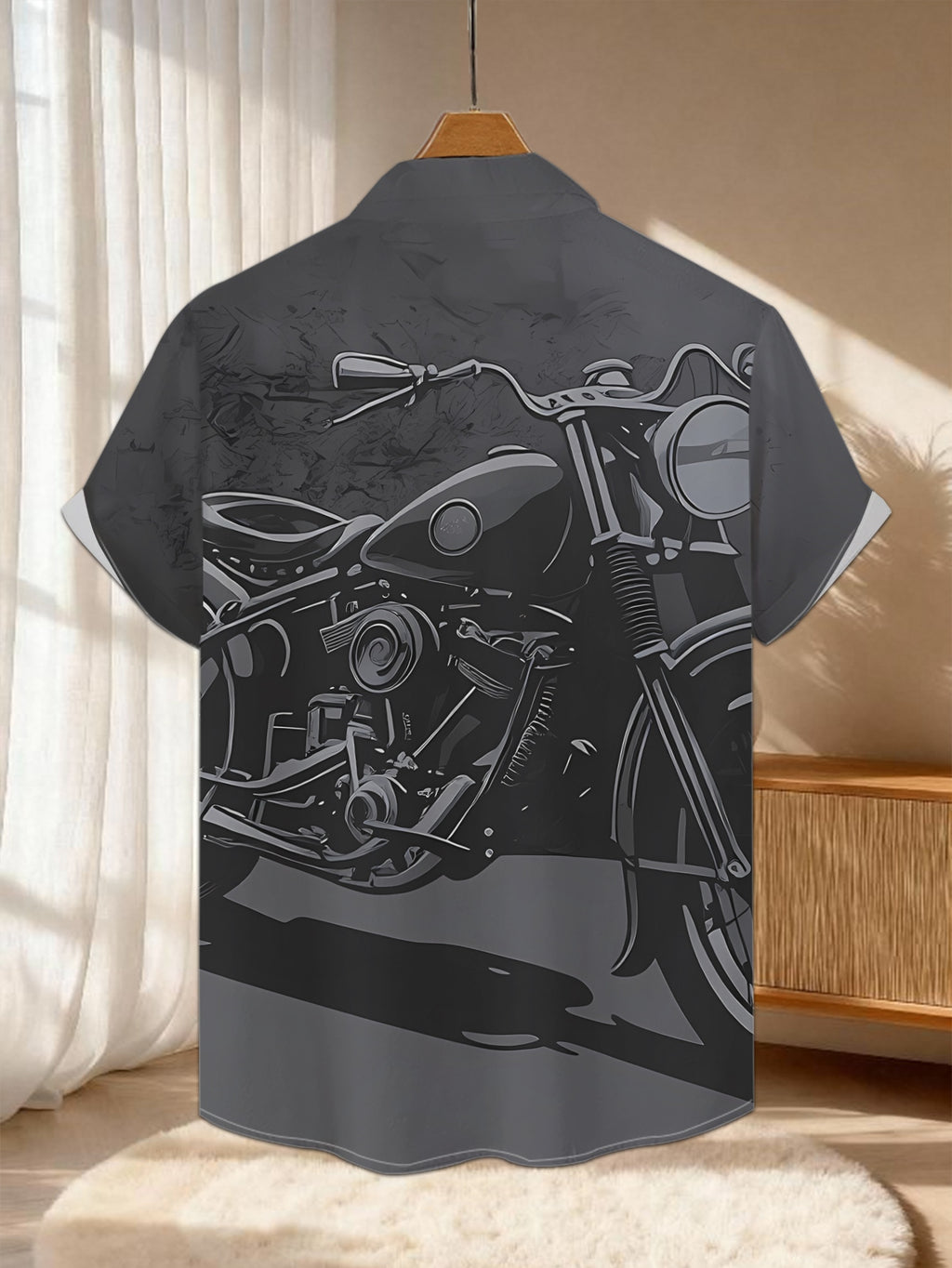 New Men'S Casual Short-Sleeve Shirt with a Dark Retro Motorcycle Design, Featuring Sharp Lines And a Strong Texture. Perfect for Holiday Gatherings, Commuting