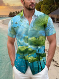 Men's Hawaiian Shirt with Short Sleeves & Button Front - Tropical Leaf & Hawaiian Pond Print Button- Collar Shirt, Loose Fit Button-Up for Summer Poolside, Vacation, Beachwear - Machine Washable Hawaiian Luau Attire (No Elastic)