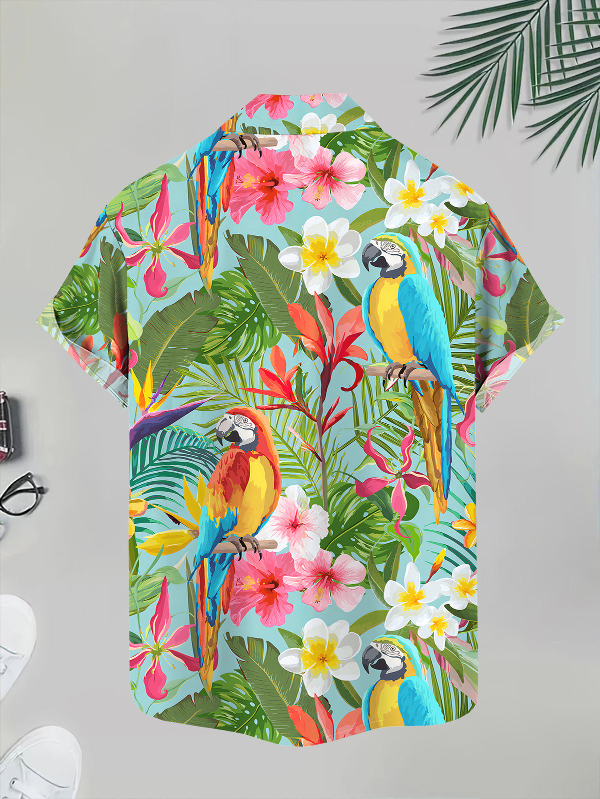 Men's Casual Fashion Short-Sleeve Shirt with Parrot and Floral Tropical Pattern, Suitable for Beach Vacations and Leisure Outings