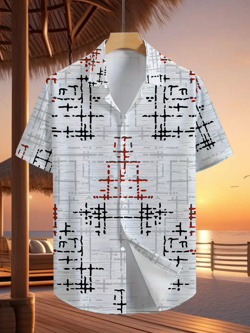 Men'S Casual Short Sleeve Shirt with Anime Line Print - Button-Up Design, Summer Outdoor And Casual Wear, Casual Attire